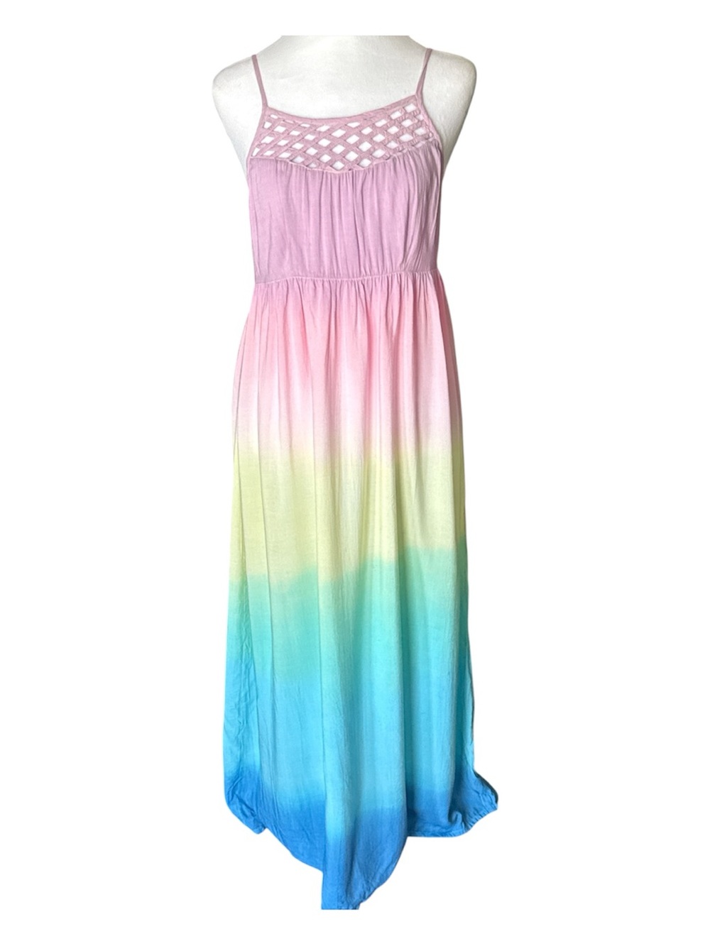 Angie Boho Pastel Rainbow Ombre Maxi Dress Lattice Neckline